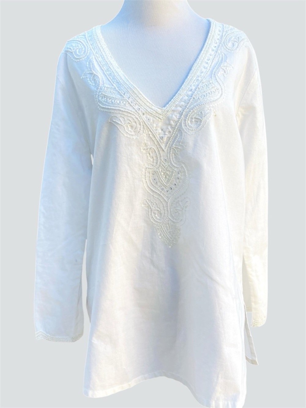 Vintage Graham Kandiah New York Blouse Top White Embroidered  VNeck Tunic Small